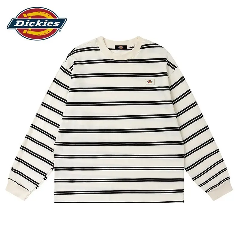 Dickies New American Streetwear Striped Long Sleeve T-Shirt for Men, Loose Crewneck Versatile Casual Top
