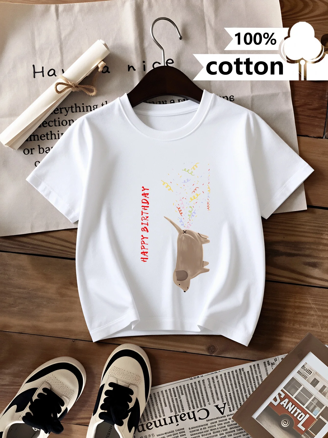 Happy Birthday Dog Paper Chips Pattern Kids Round Neck Short Sleeve Summer T-Shirt Fashionable Parent Clothing