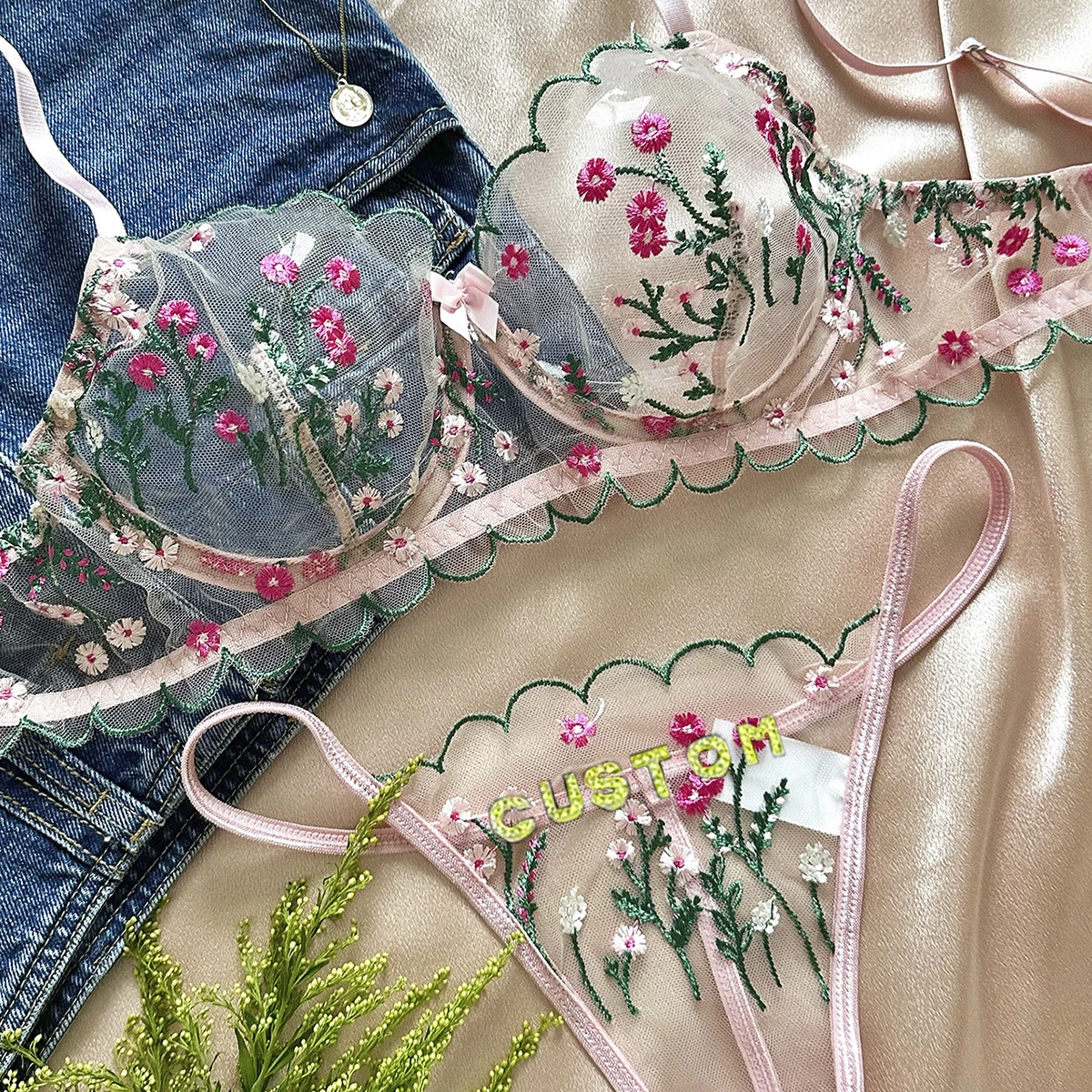 

Sexy Personalized Thong with Name Embroidery Lingerie Set Custom Women Name Thong Sheer Bra + Brief Underwear Anniversary Gift