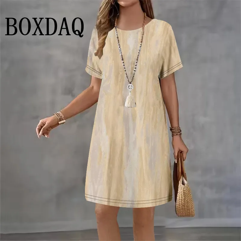 أزياء الصيف فساتين نسائية عادية مجردة الشارع اللوحة الوجه المطبوعة فستان قصير الأكمام عادية س الرقبة تي شيرت فستان فضفاض