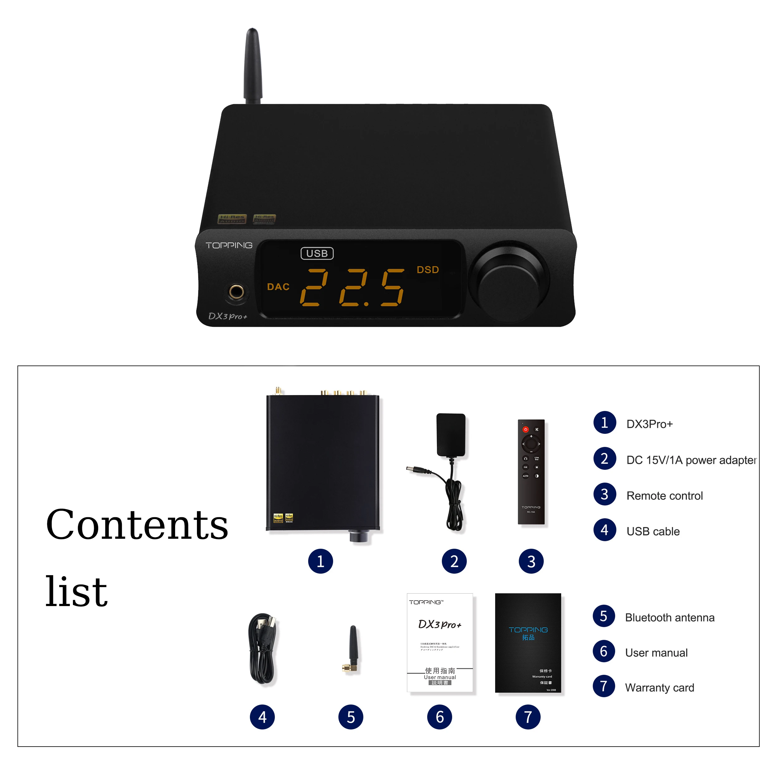 Topping DX3 Pro+ 3,5 mm NFCA hoofdtelefoonversterker en USB DAC-combinatie, met een uitgangsvermogen van 1800 mW voor 32 Ω/250 mW en 300 Ω in-ear monitors.