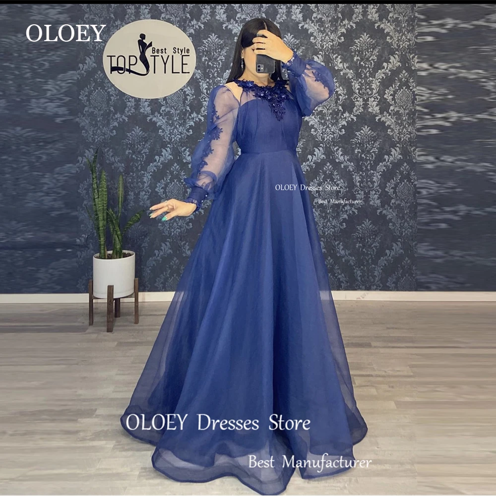 

OLOEY Women Dusty Blue Organza Evening Dresses Modest Arabic Mother Puff Long Sleeves Applique Formal Special Occasion Dress