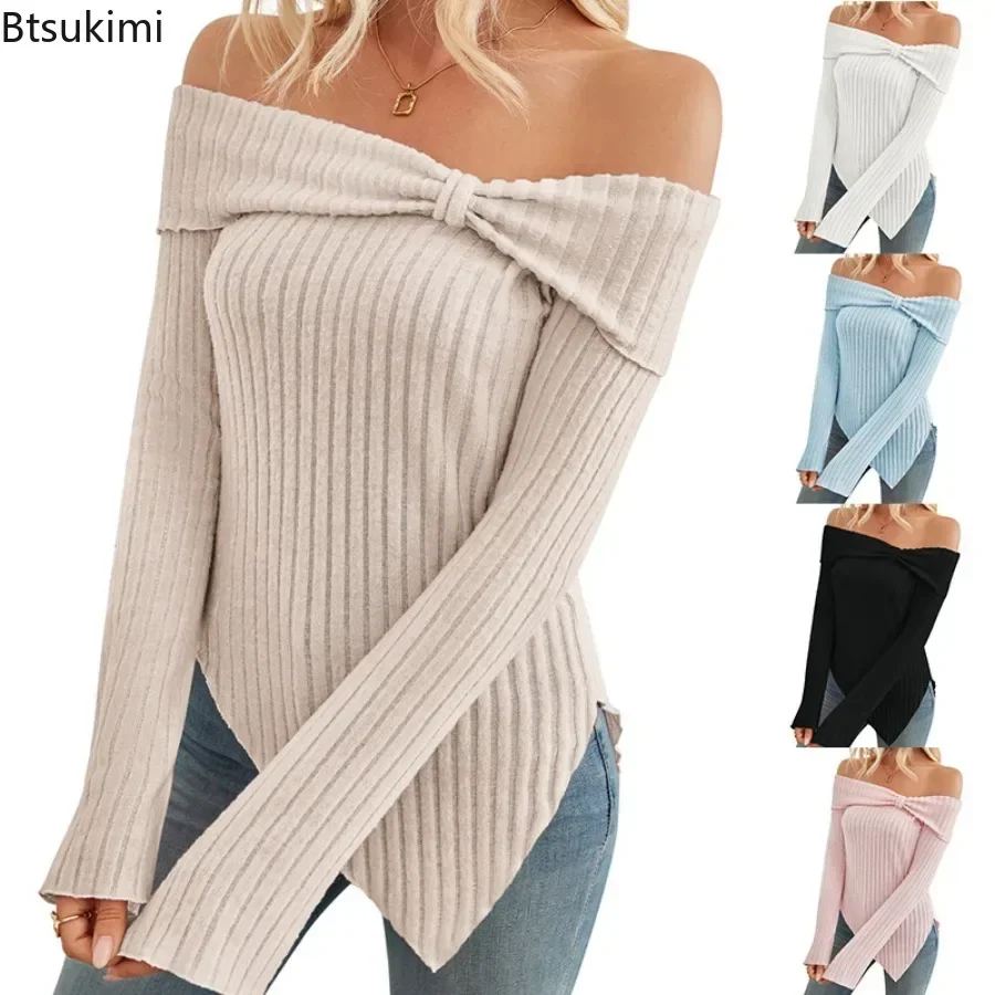 

2024 Women's Elegant Slash Neck Off Shoulder Long Sleeve T-shirt Chic Striped Irregular Split Hem Design Pullover Women Y2k Tops