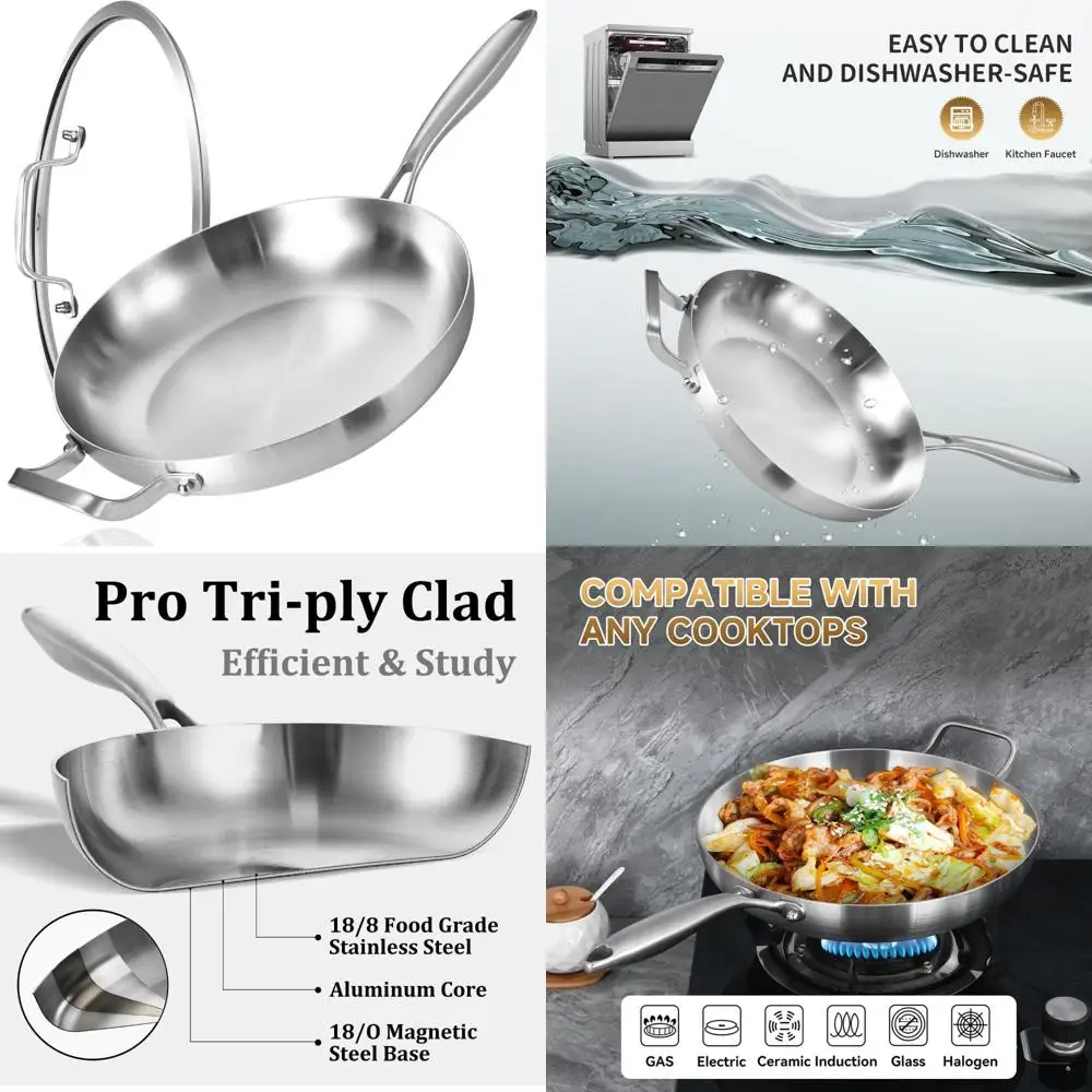 

14 Inch Large Skillet with Lid and Helper Handle, Tri-Ply Stainless Steel Frying Pan, Induction Compatible Chef's Cooking Pan, O