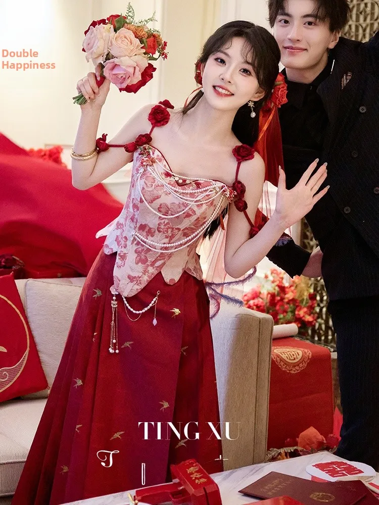 

New 2025 Tang Suit Wedding Dr Set Traditional Chinese Sle Ma Face Skirt for Engagement Par Bridal Gown Polyester Fiber