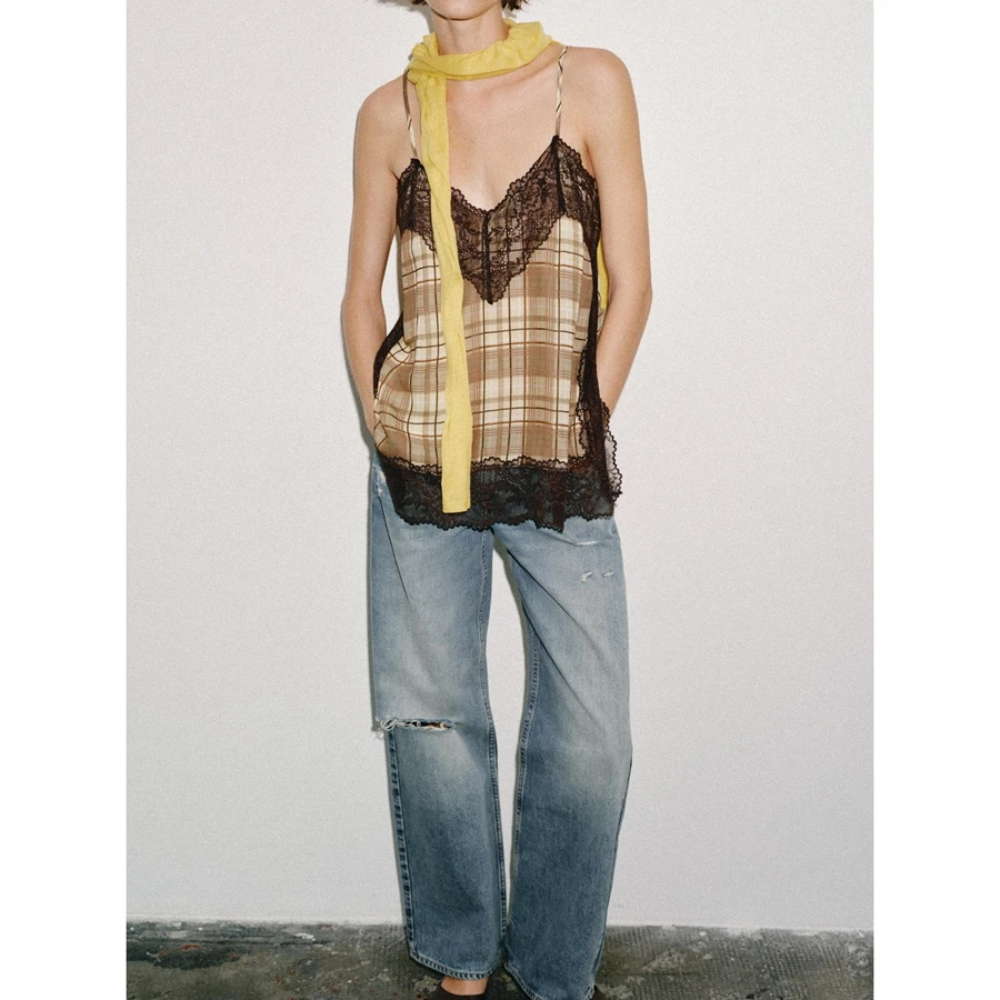 Women's Summer Loose Fit Gingham Camisole Y2k Vintage Plaid Print Adjustable Spaghetti Strap V-Neck Lace Trim Patchwork Tank Top