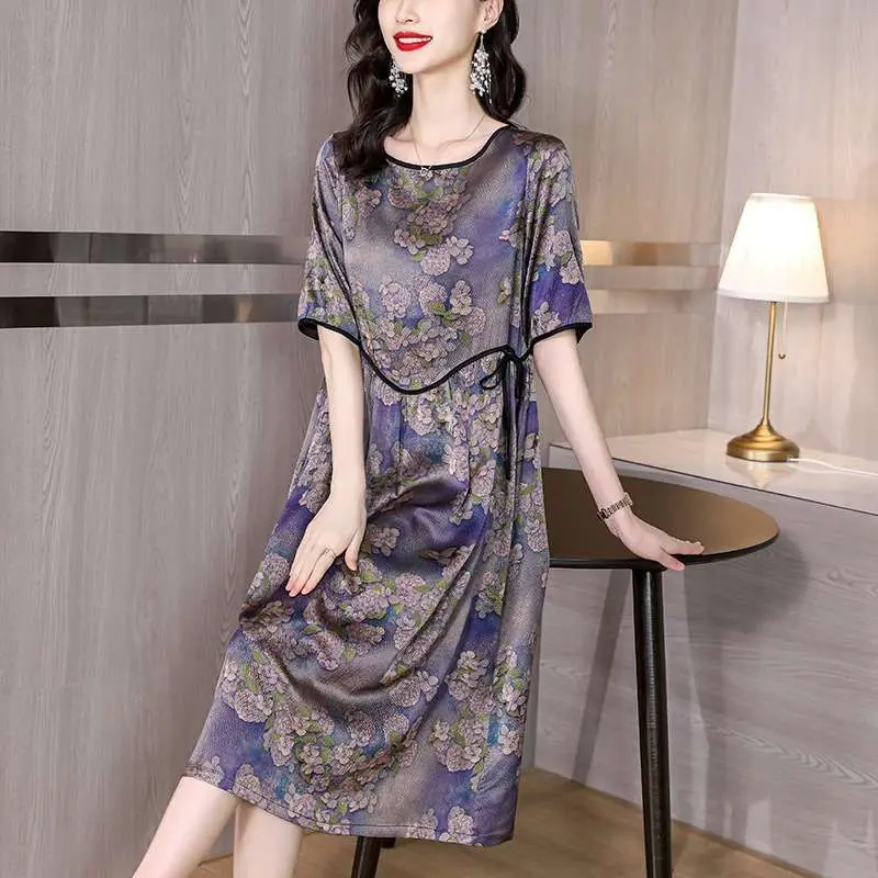 

Ele Silk Dr Women's Summer New Loose Waist A-Line Skirt ort Sve round Ne Basic Sle Ciwalk Faion Dr