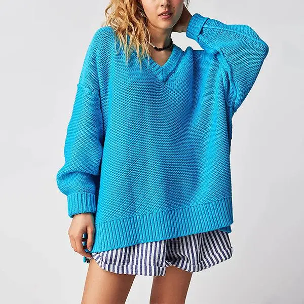 Faionable المتضخم سترة V-Ne 2025 شتاء جديد وصول المرأة طويلة Sve Thiened اللون طاقم Ne تريكو #3