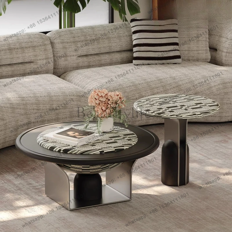 

Italian minimalist coffee table combination round light luxury high-end stainless steel living room creative oak
