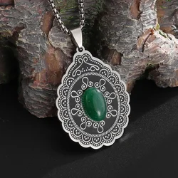 Retro Boho Style Oval Floral Natural Stone Stainless Steel Pendant Necklace Women Fashion Elegant Holiday Jewelry Gift