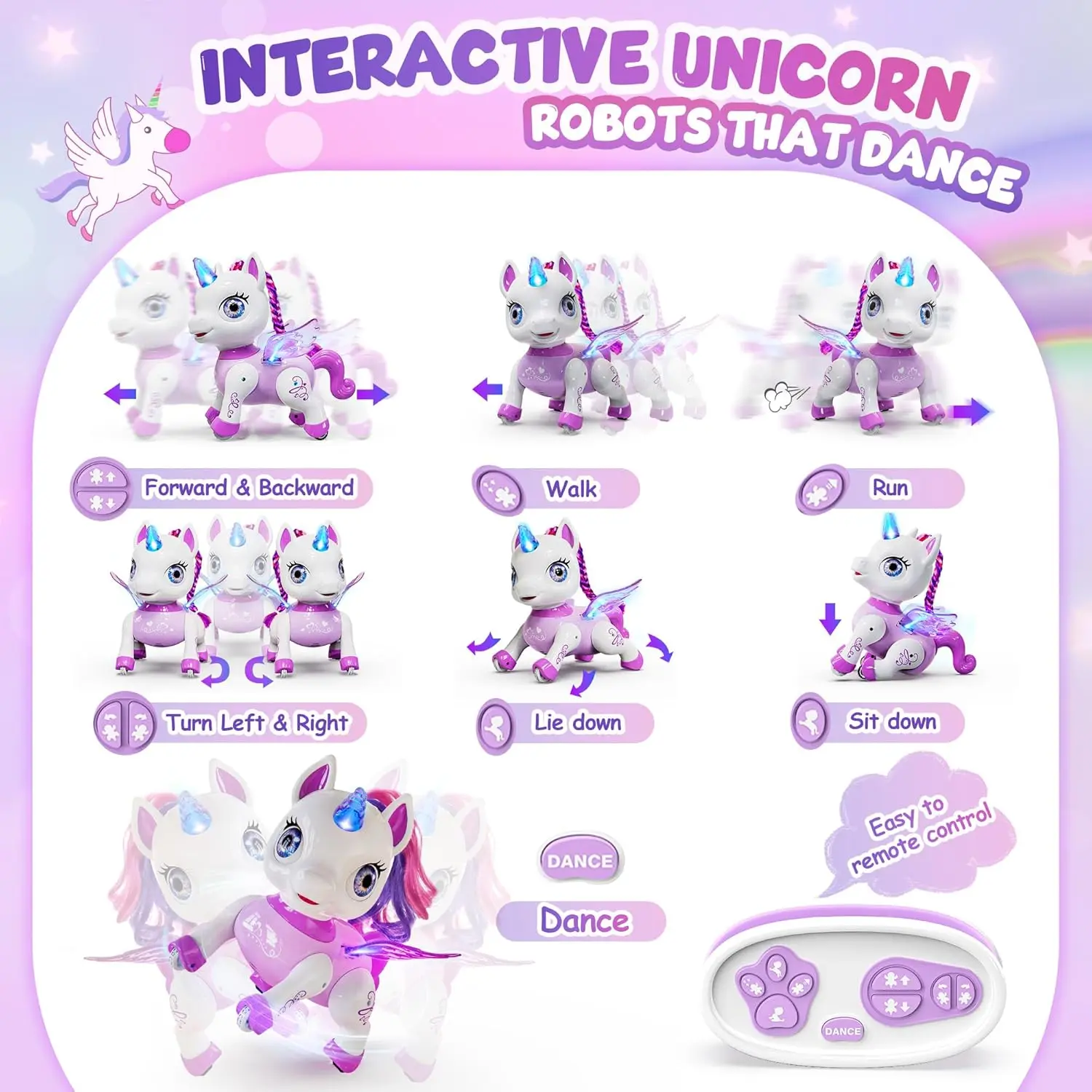 Purple Unicorn Dancing Robot Toys for Girls with LED Horn,LED Wings,Birthday Gifts for Kids, Remote Control,Voice,Rechargeable