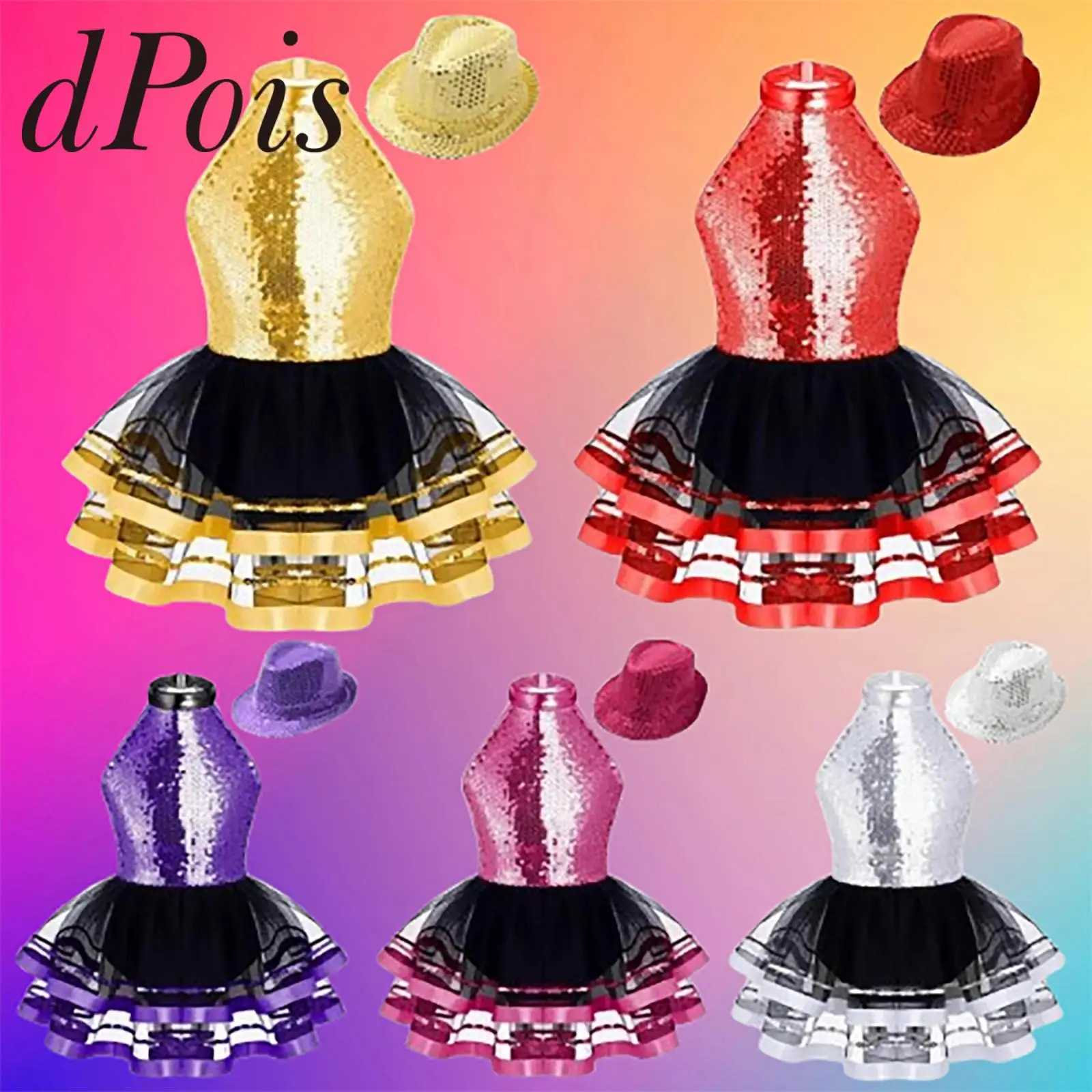 

Rave Costume Children Tutu Performance Clothes Halter Sparkling Sequins Ballet Dress with Hat Kids Girls Hip Hop Jazz Dance Wear
