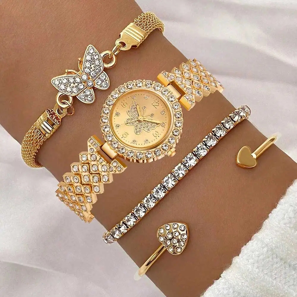 4PCS Golden Butterfly Element Trendy Fashion Luxury Women's Quartz Watch Bracelet Set
