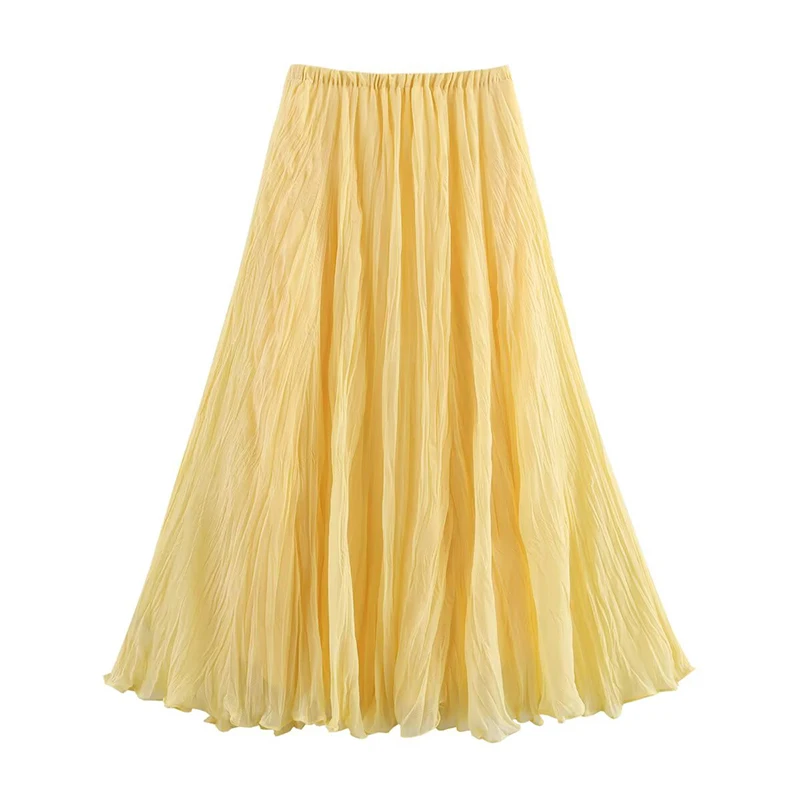 YENKYE Women Crinkle A-line Midi Butter Yellow Skirt Elastic Waist Spring Summer Holiday Elegant Skirts New 2025 Falda Mujer