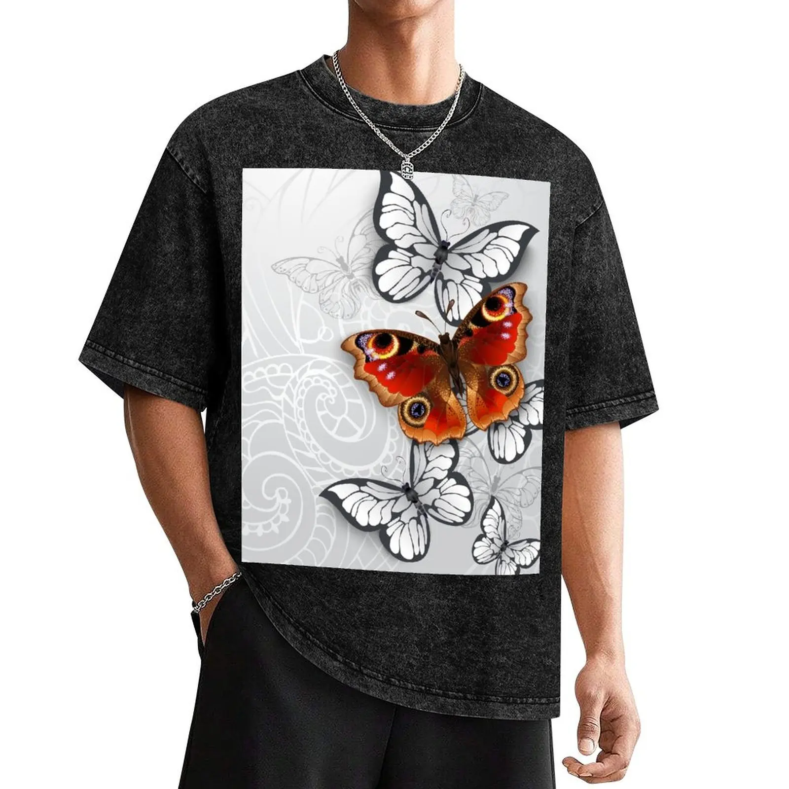 Gray Background with Peacock Butterfly T-Shirt tops plus sizes valentines boutique clothes mens t shirt