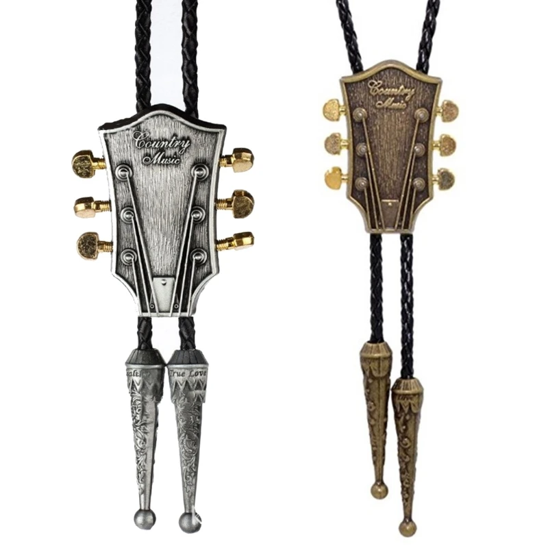 

652F Bolo Tie for Adult Music Festival Cowboy Necktie with Guitar Pendant Gentleman Formal Meeting/ Disco Party Jewelry