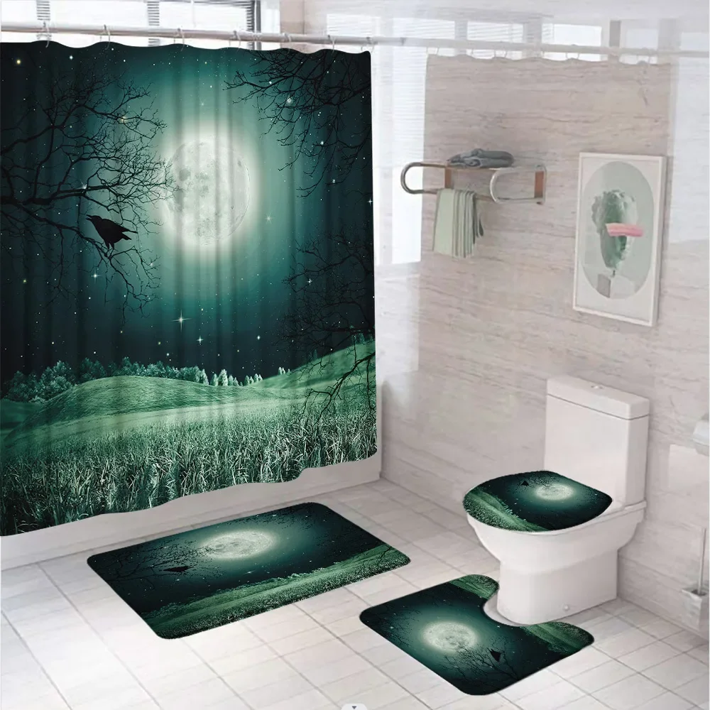 Halloween Night Bathroom Set with Shower Curtain Rugs Accessories Pumpkins Crow Full Moon Bath Curtain for Bathroom Decor 4Pcs