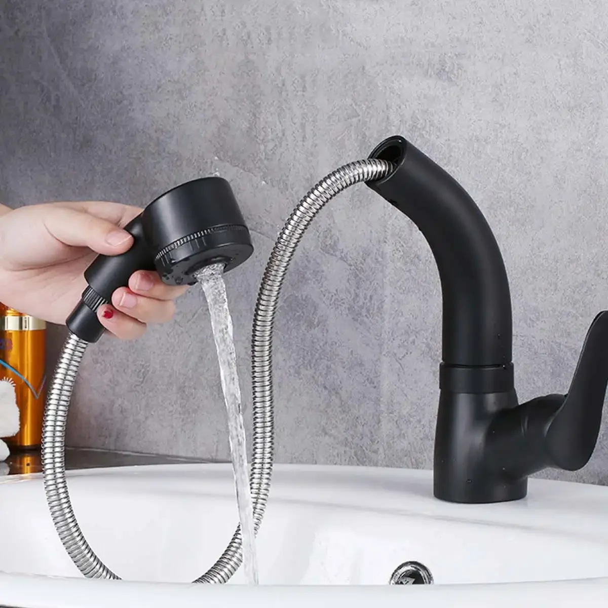 360 Degree Hot Cold Mixer Tap Shower Kitchen Faucet Deck Mounted Stainless Steel Pull Out Rotation Sprayer Sink