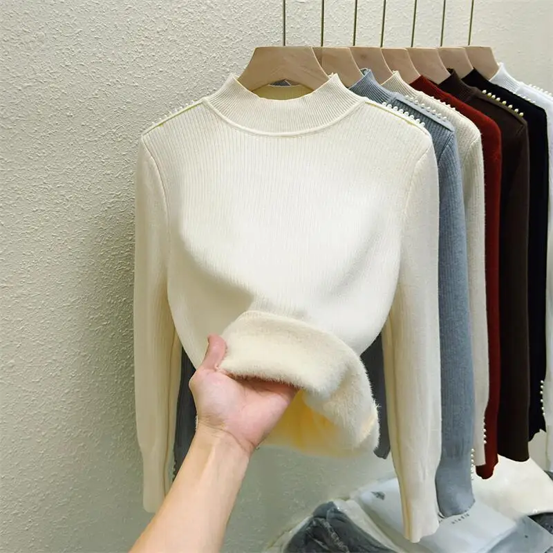 Semi-turtleneck Integrated Fleece Bottoming Shirt Autumn and Winter New Beaded Knitted Sweater with Thick Top Inside