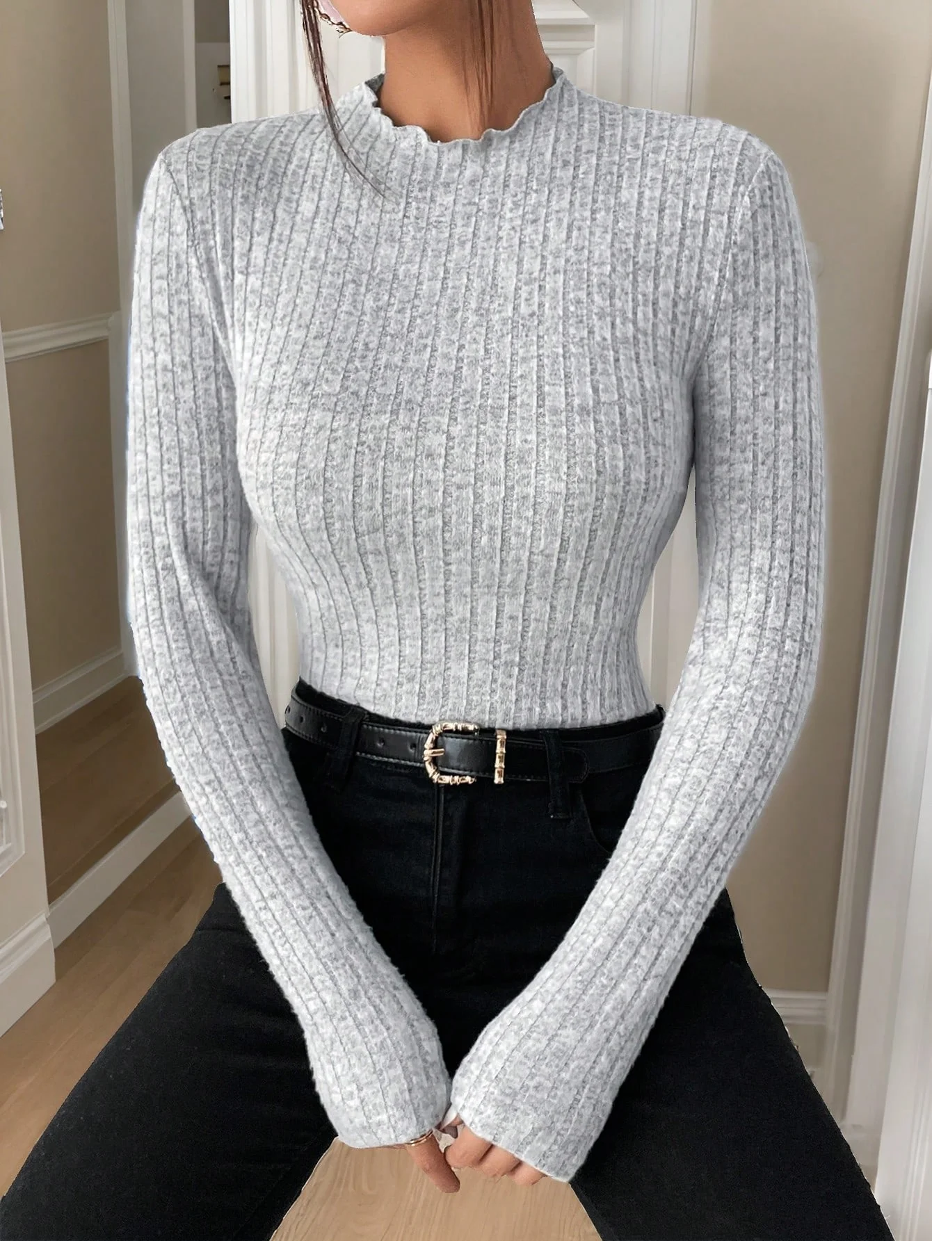 قميص أساسي محبوك بحافة فطر سوداء شبه رقبة عالية، بلوزة عصرية بأكمام طويلة لفصل الربيع والخريف والشتاء #5