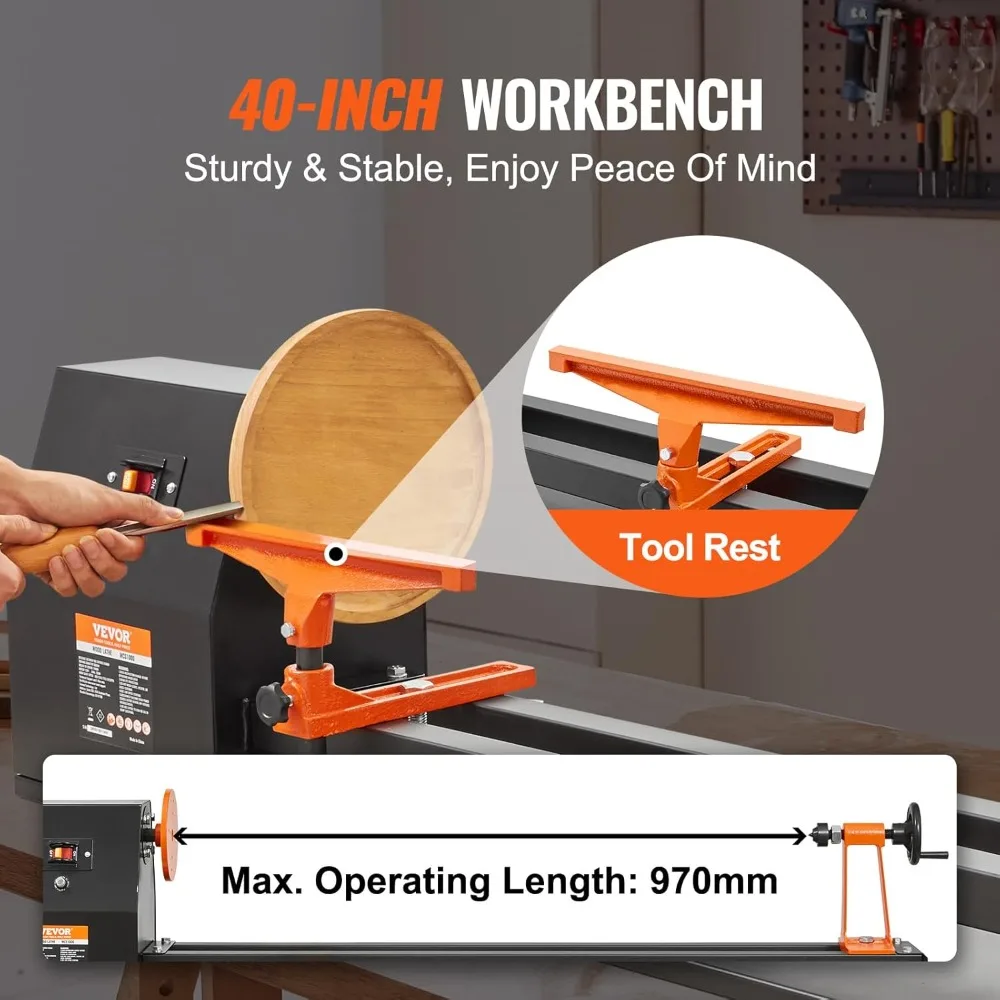 14x40 Inch 370W  Wood Turning Lathe Machine 4 Speed Adjustable 885-2425 RPM with Chisels Faceplate Tools