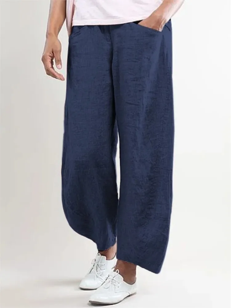 Frauen Neue Elastische Taille Lose Beiläufige Hosen Gerade Bein Lange Hosen Straße Sommer Fashion Solid Breite Bein Hosen Kleidung