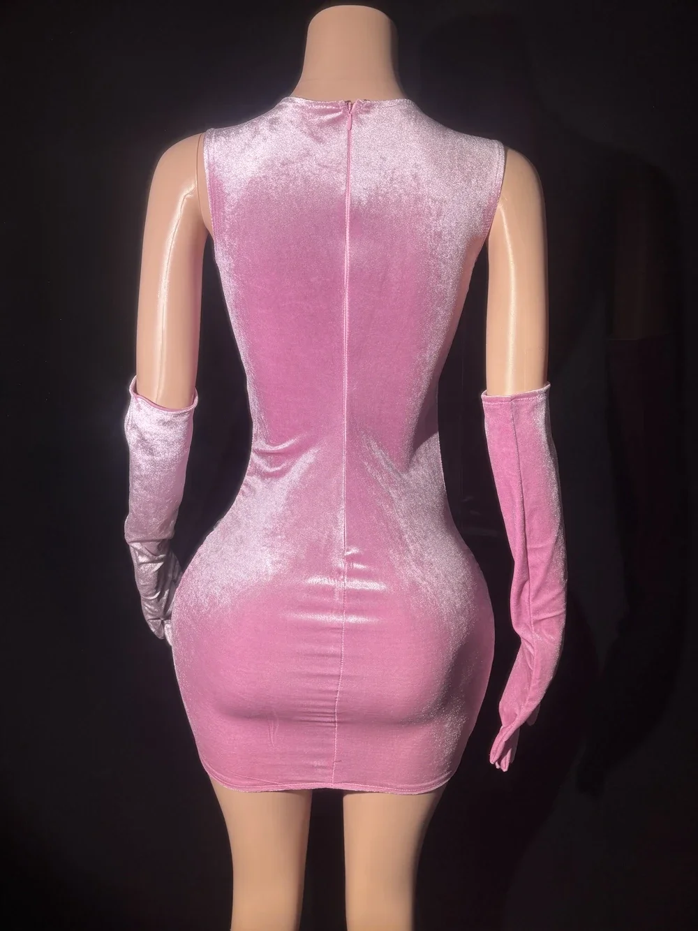 Vestido de malha sexy com strass brilhante, baile comemorar, vestido de aniversário, mostrar luvas, desgaste do palco, veludo rosa, traje de desempenho