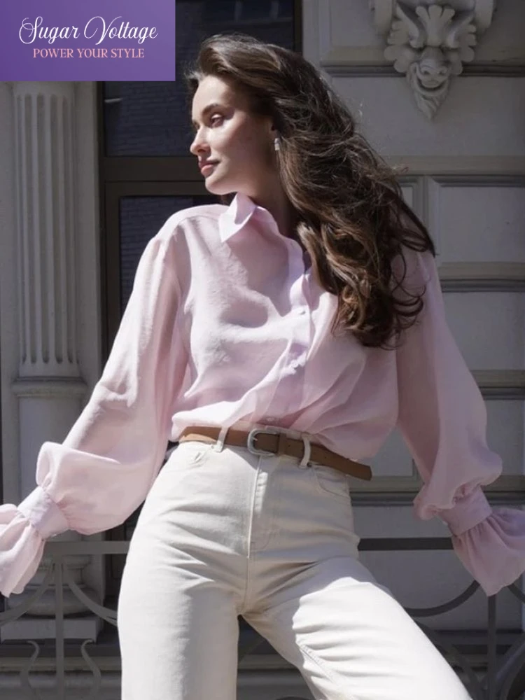 가을 신상 한국 패션 빈티지 우아한 여성 루즈핏 랜턴 소매 라펠 셔츠 오피스룩 캐주얼 솔리드 얇은 블라우스