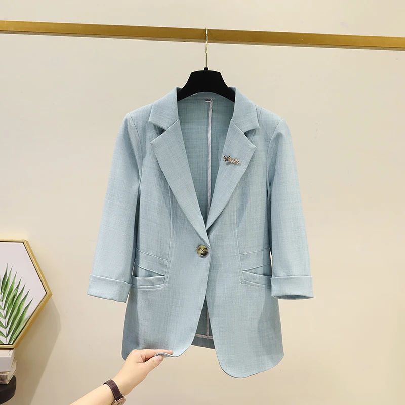 

Весенне-летний женский костюмный жакет малого размера, приталенный, повседневный, с рукавом 3/4, черный, в стиле OL, модное пальто для женщин