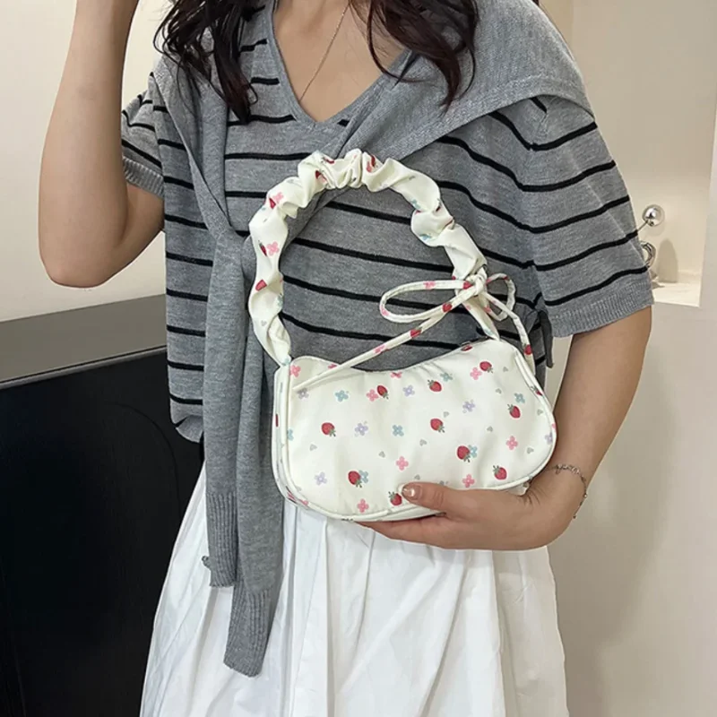Women Handbag Cute Strawberry Print Little Tote Underarm Bag Half Moon Design Eco Cloth Purse Drawstring Mini Shoulder Bags