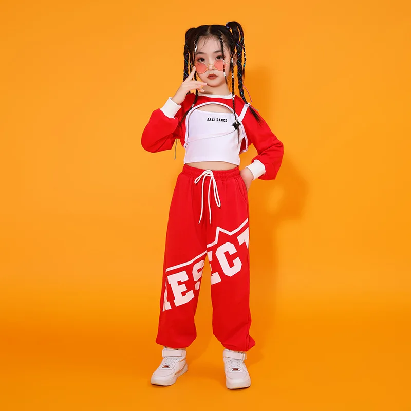어린이 스트리트 댄스 힙합 세트, 긴 소매 재즈 댄스 의상, 소녀들의 멋진 댄스 레드 공연 의상