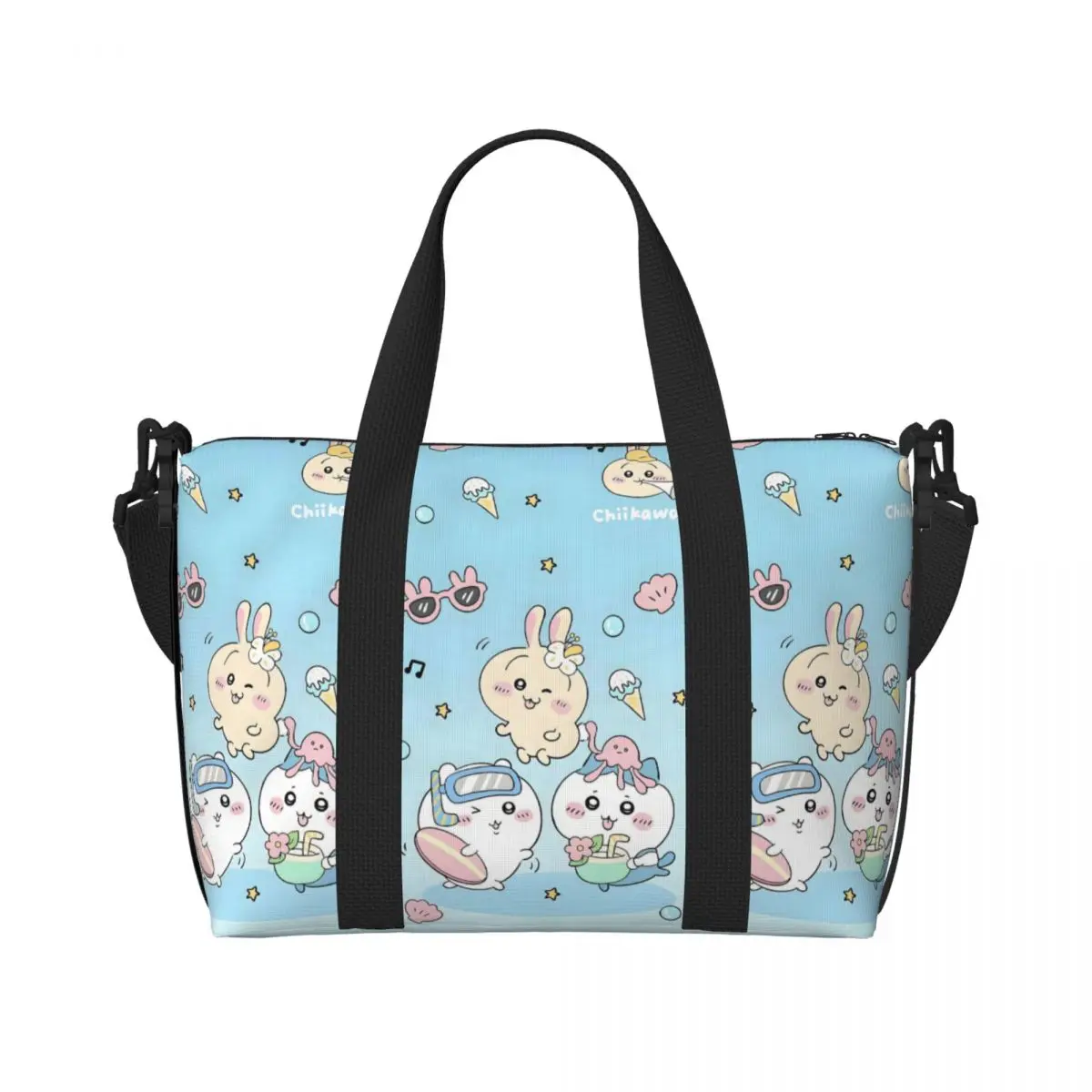 

Custom Large Chiikawa Tote Bag Women Cute Cartoon Shoulder Shopper Gym Beach Travel Bag