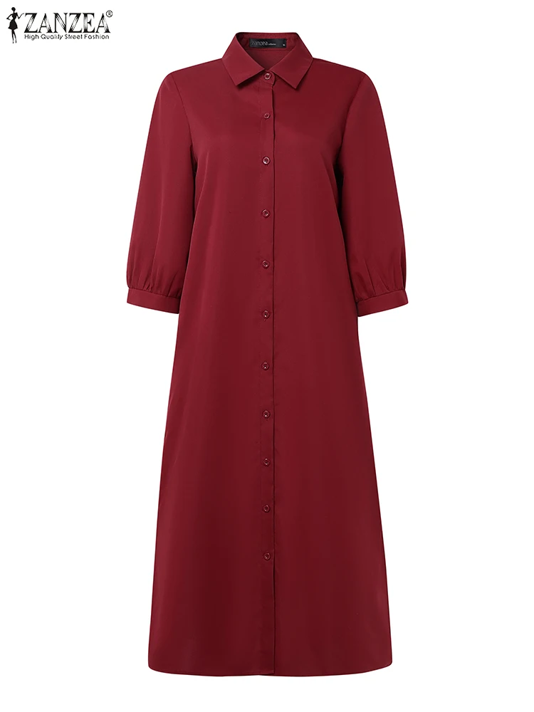 Damen Herbst OL Arbeitskleid ZANZEA 2025, elegantes Reverskragen, 3/4-Ärmel, Bürokleider, stilvolles, solides Hemdkleid, Knöpfe, Midi-Robe
