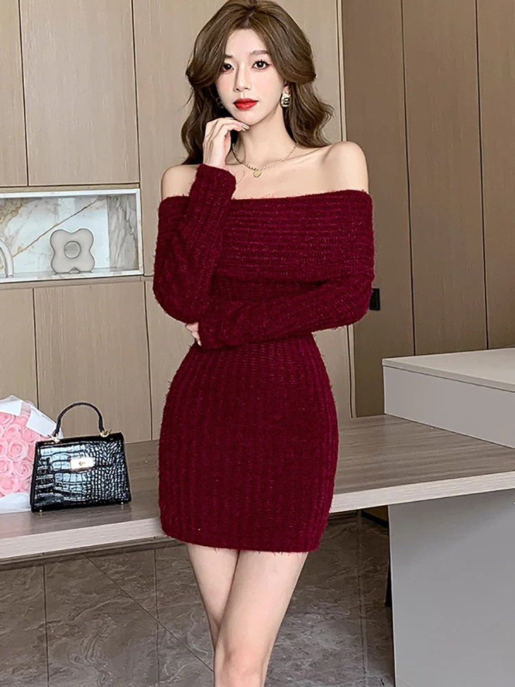 Frauen Rot Gestrickte Brust Wrapping Sexy Mini Kleid Herbst Winter Elegante Casual Pullover 2024 Koreanische Bodycon Festival Party Kleider