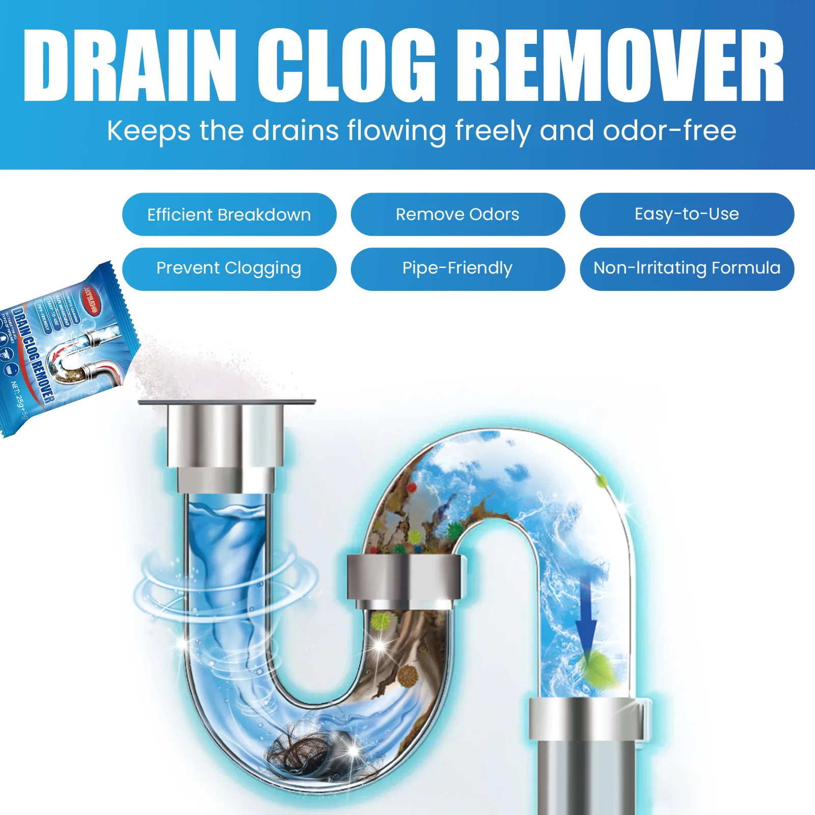 Drain Cleaner Powder Kitchen Dirt Odors Clog Remover Sewer Power Pipe Channel Powder Deodorant Sink Drain Pipe Dredging Agent