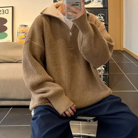 남성용 하프 지퍼 니트 풀오버 스웨터, 빈티지 캐주얼 니트웨어, 스탠드업 칼라, 루즈 저지, Y2K, 2024 가을