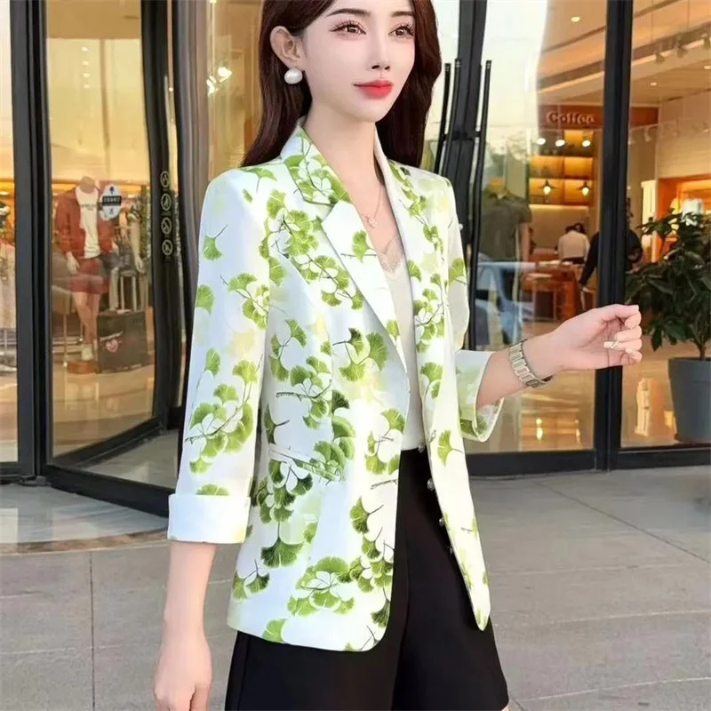 

Ladies High-end Patchwork Cardigan Blazer Women Fashion Printed Casual Suit Jacket Autumn Female Seven Quarter Sleeves Top Coat
