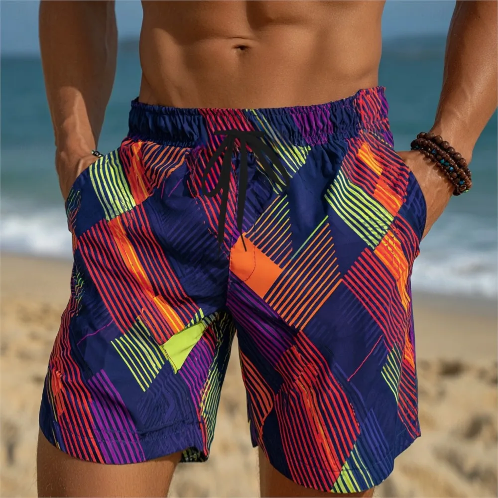 Summer Hot Selling Men's Plaid Color Blocked Beach 3D Shorts Hawaii Vacation Parent-child Quick Drying Casual Sports Shorts