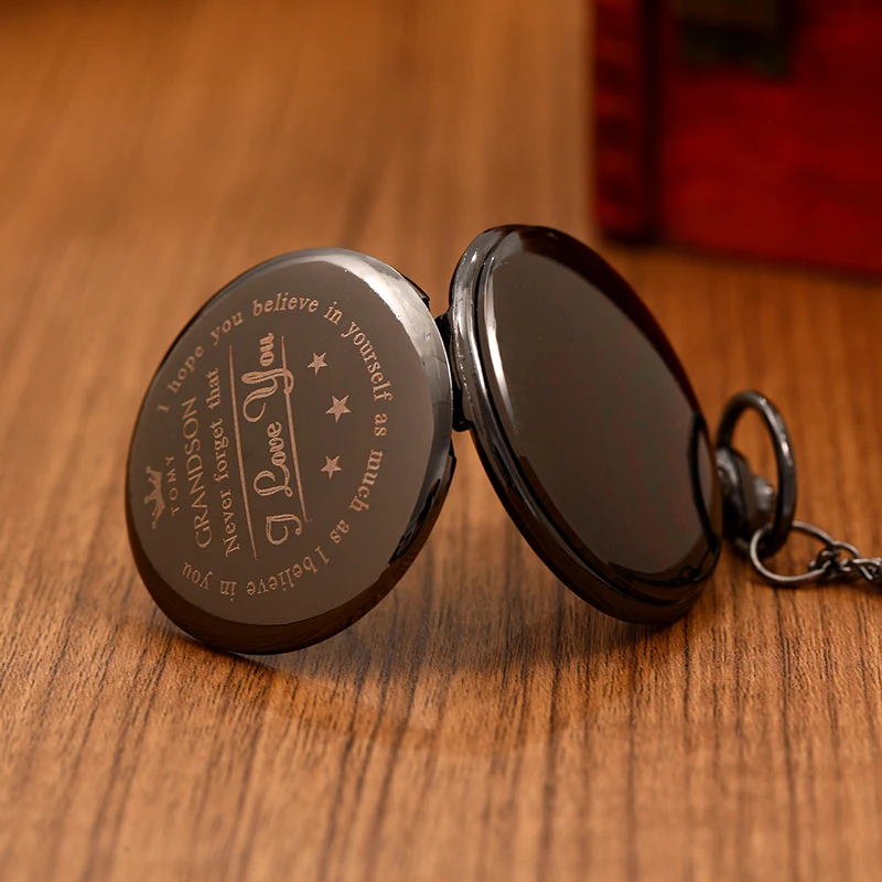 Jam saku hitam jam tangan saku Quartz modis dengan rantai untuk anak laki-laki saya hadiah jam pria selamanya Anda istimewa Relogios