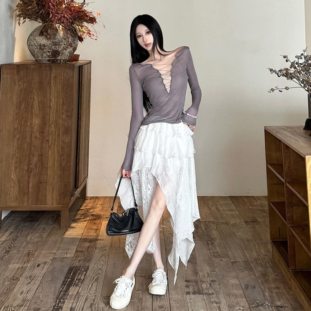 SylCue Ruched Elegantกระโปรงผู้หญิงY2Kสไตล์หวานElasticเอวตาข่ายPatchworkไม่สม่ําเสมอRuffles Hem Streetแฟชั่นกางเกง