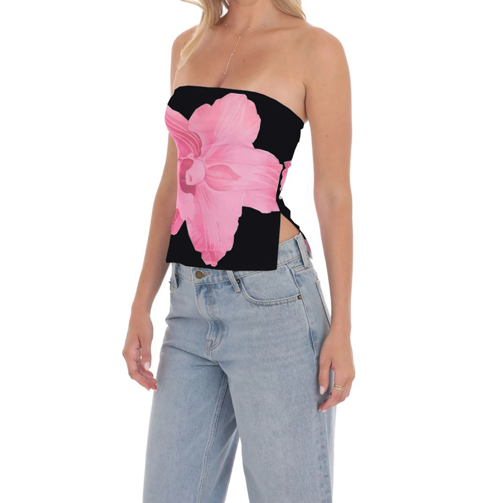 

2025 Women Sleeveless Tube Tops Flower/Zebra Pattern Print Strapless Tops Summer Fashion Backless Bandeau Shirts Streetwear Crop