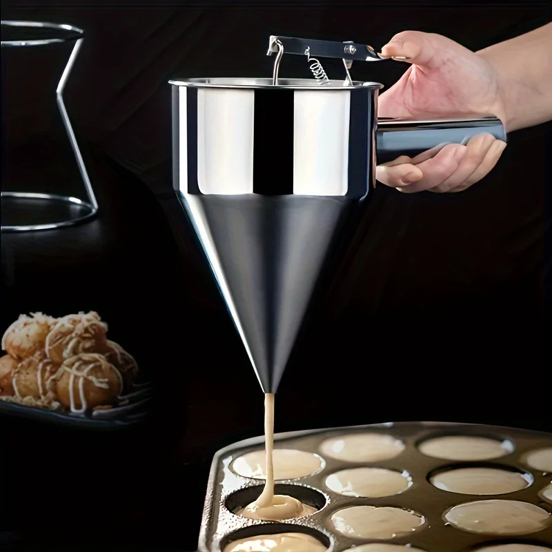 Octopus ball cone batter funnel, batter dispenser, stainless steel funnel with shelf, vibrating discharge with four leaky spouts