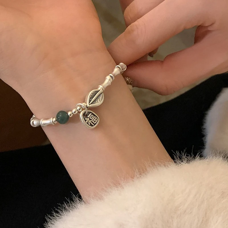 

PANJBJ 925 Sterling Silver Jade Bamboo Bracelet for Women Leaf Vintage Lucky Grace Ethnic Versatile Jewelry Gift Dropshipping