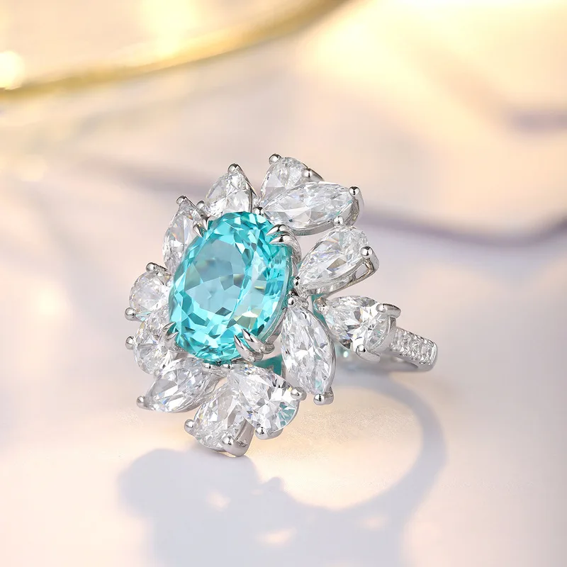 Lab Grown Paraiba Big Size 11*13mm Oval Shape Tourmaline Ring Silver 925 Lab Created Gemstones Jewelry