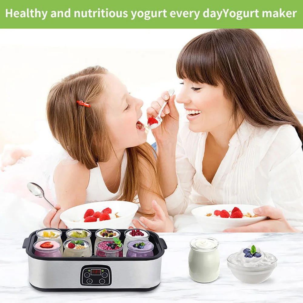 110V/220V 자동 요구르트 제조기 조절 가능한 온도 시간 요구르트 제조기 8 요구르트 항아리가있는 전문 아이스크림 푸딩 제조기
