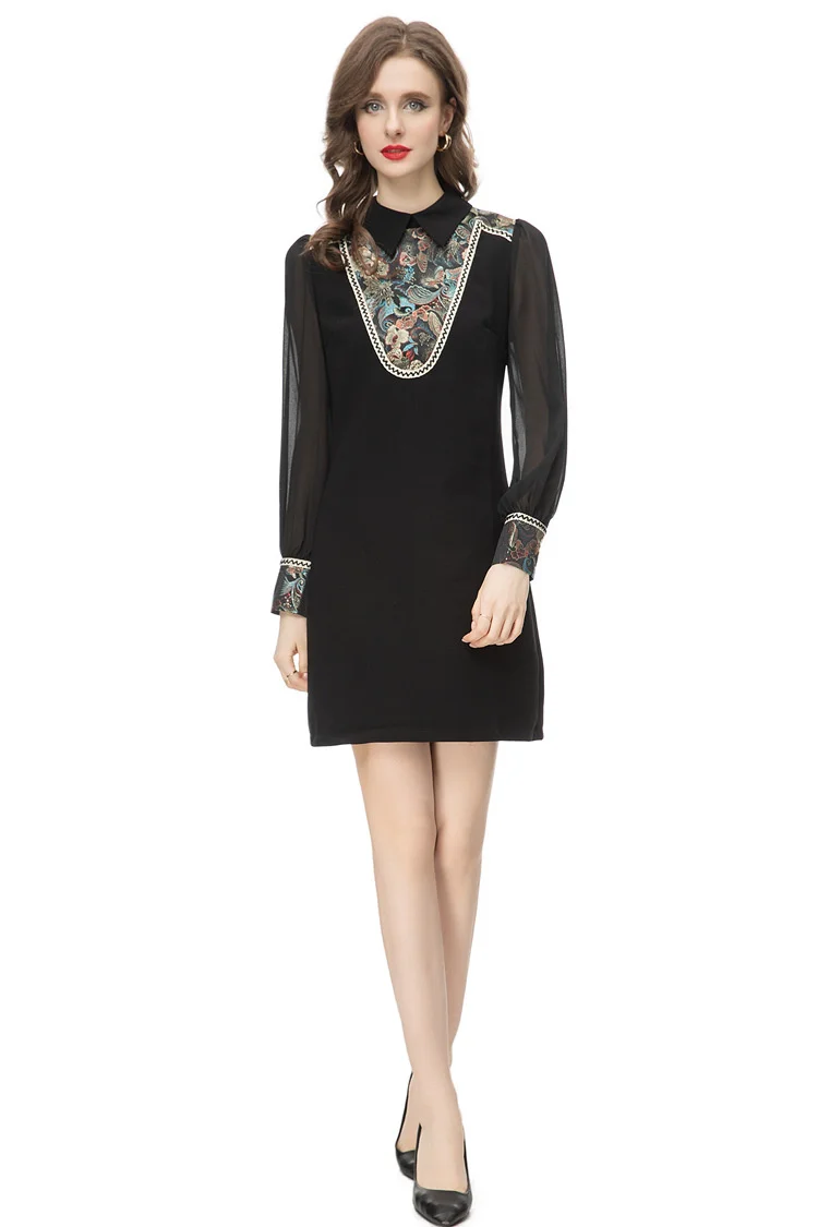 Spring Fashion Designer Black Vintage Spliced Dress Women Lapel Mesh Long Sleeve Embroidery High Waist Slim Mini Dress