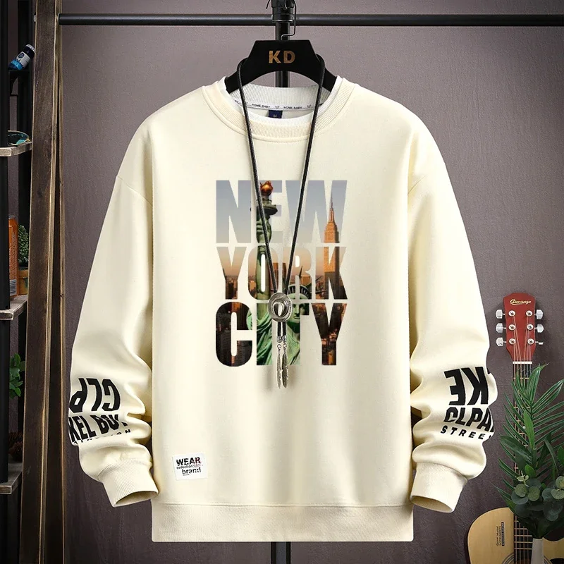 American Men Sweatshirts New York Printed Long Sleeve T-shirt Fashion Men's Clothing Khaki Casual O Neck Hip Hop Top 2024 New