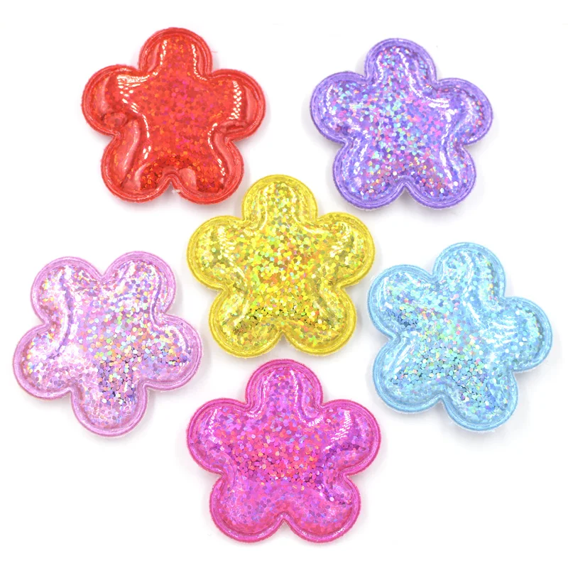 12Pcs Glitter Flower Shaped Garment Pads Patches Laser PU Fabric Felt Appliques for Hair Hat Decorative Ornament Accessoies