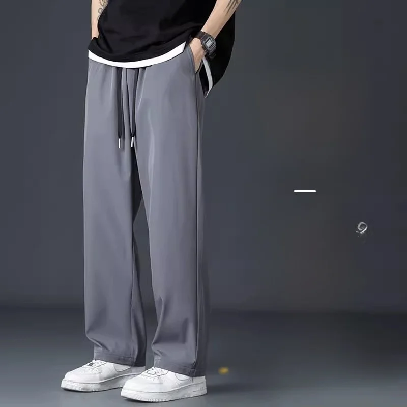 

Мужские брюки из ледяного шелка, корейские летние однотонные свободные брюки Qui Dry, повседневные длинные брюки, прямые широкие брюки