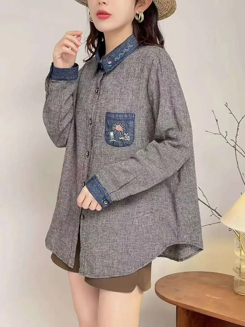 New Summer Cotton Long Sleeve Shirts, Women Lapel Embroidery Top, Mori Girl Casual Sweet Loose Blouses, 2024 Autumn T478126QM